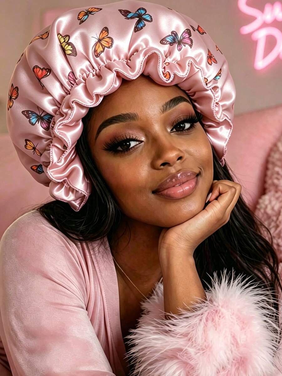 1pc Reversible Double Layer Satin Hair Bonnet For Women, Colorful Butterfly Print Ruffled Trim Sleep Cap, Silky Protective Night Natural Hair - Lace Hat - View 1