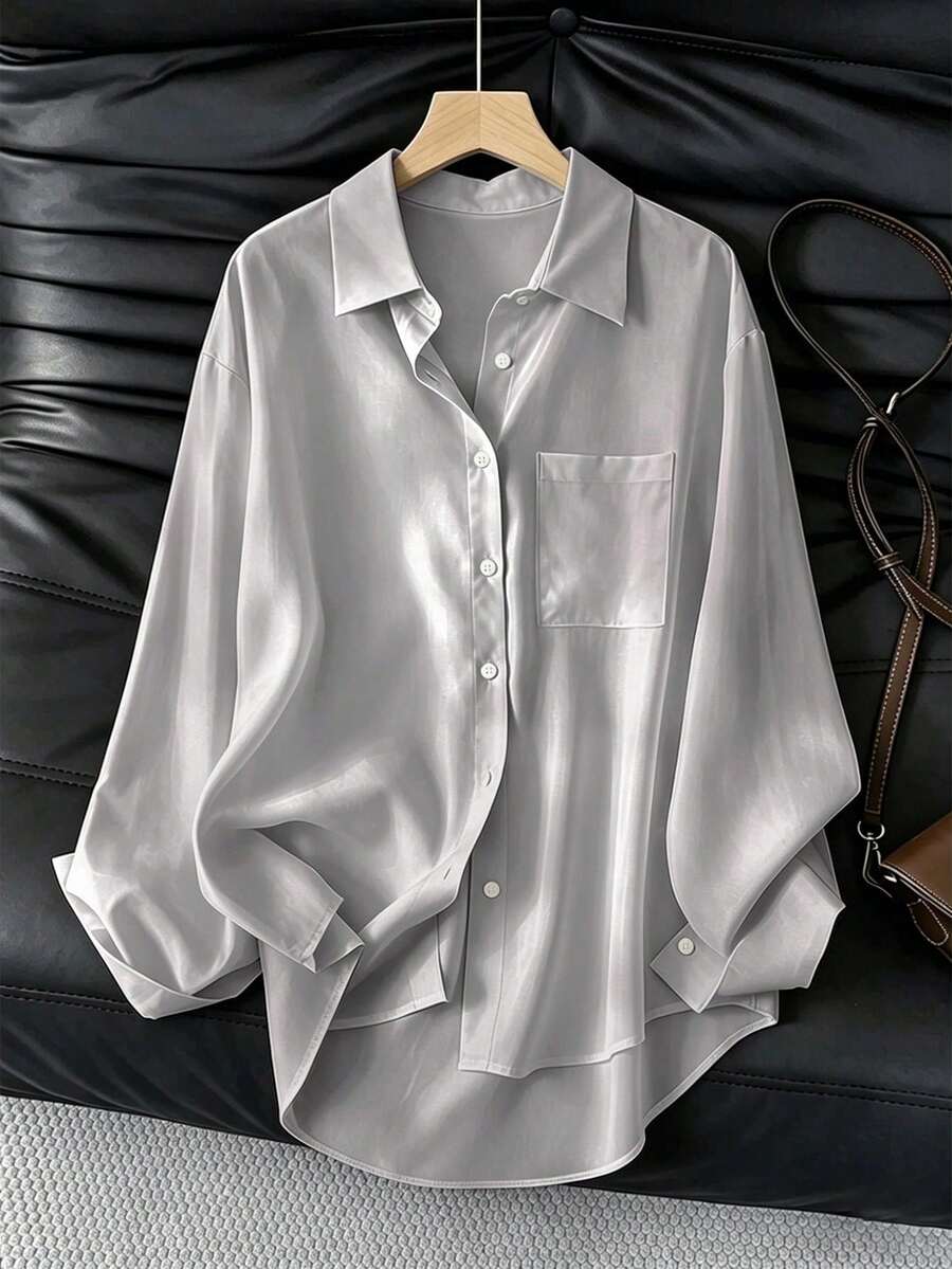 Women's Casual Loose Long Sleeve Shirt, Spring/Autumn - Light Grey - View 1