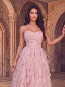 Elegant Women's Strapless Backless Mesh Ruffle Long Evening Gown, Romantic Sleeveless Flare Hem Formal Party Dress - Pink - View 3