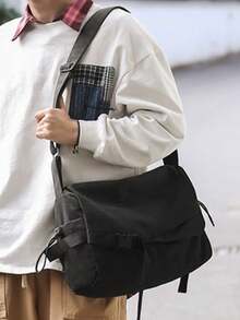 Crossbody Bag, Flap Design With Buckle And Webbing Decoration, Adjustable Shoulder Strap, Thick And Durable Fabric. Spacious Interior For Books, Tablets And Other Personal Items, One Shoulder Crossbody Carrying, Casual And Relaxed Style, Suitable For Daily Outings. - Black - View 4