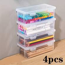 1/2/4pcs Large Capacity Transparent PP Storage Boxes, Office Supplies Storage Boxes, School Supplies Storage Boxes, Desktop Organizer And Accessories, Stackable, Clear Visibility, Secure Closure, Stationery Storage Boxes - Multicolor - View 13