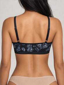 Halloween Dark Style Printed Wireless Bra For Women, Hollow Out Front Ring Decor, No Padding, Comfortable Lingerie - Black - View 2