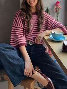 Women's Striped Knit Sweater, 3/4 Sleeve, Medium Stretch, Regular Fit Pullover, Autumn/Winter Outfit - Red - View 2