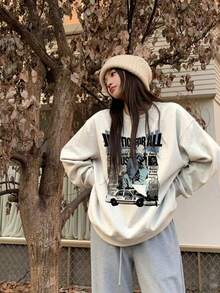Retro Newspaper Poster Graphic Print Sweatshirt For Women, Casual Loose Fit Crew Neck Pullover, Versatile Lazy Style Autumn/Winter Top - White-gray - View 10