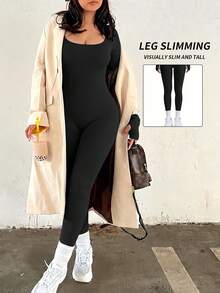 Ribbstickad långärmad jumpsuit för kvinnor, magkontroll, rumplyft, elastisk, slimning, formande, basic baslager-topp - Svart - Visa 5