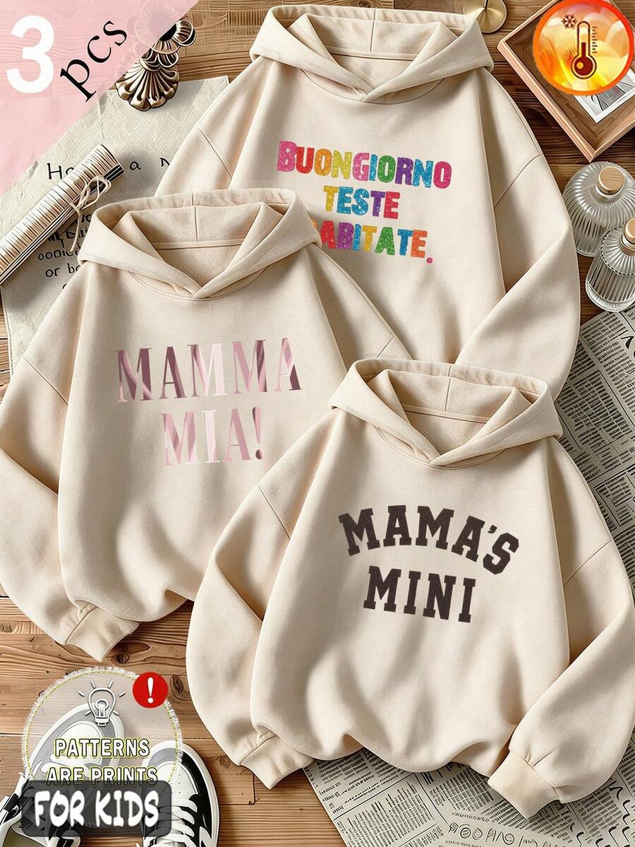 Autumn/Winter 3 Pieces Set Girls Thermal Lined Hooded Sweatshirt, "MAMA'S MINI" Print, Long Sleeve Warm Y2K Style - Apricot + Apricot + Apricot - View 1