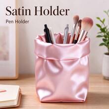 Pink Satin Texture Storage Cup, Ruched Drawstring Makeup Brush Holder, Creative Desktop Stationery & Sundries Organizer, Girly Bedroom Vanity Decor, Birthday Gift For Best Friend/Girlfriend, Nordic Luxury Home Decor, B&B Model Room Display - View 5