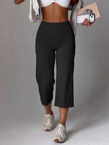 Women's Pure Black High Waist Short Casual Pants, With Side Pockets, Elastic Flare Leg Capris, Suitable For Daily Wear - Black - View 4