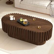 Oval Coffee Table 100*50*35.5 Cm, Living Room Table With Drawer, Side Table, Decorative Vertical Slat Design, Stable Wooden Coffee Table For Living Room, Maximum Load 20 Kg, Walnut Wood Color - Walnut Wood Color - View 2