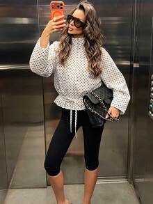 Women's Polka Dot Zipper Stand Collar Short Jacket, Elastic Drawstring Hem Ruched Long Sleeve Casual Short Flight Jacket, Vacation Style - Multicolor - View 5