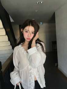 French Sweet Ruffle Trim Tie‑Up V‑Neck Long Sleeve Blouse, Loose Fit Cropped White Lantern Sleeve Shirt - White - View 1