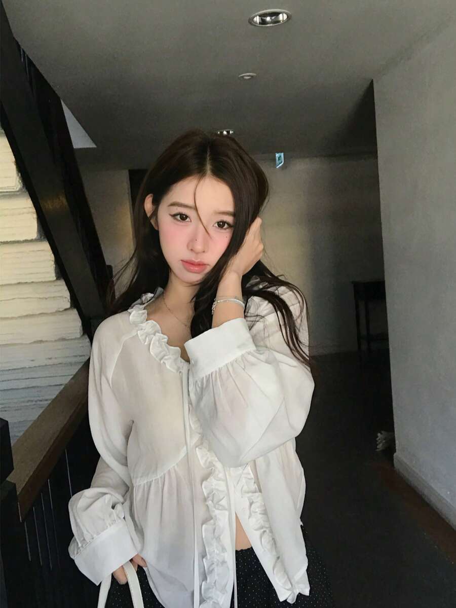 French Sweet Ruffle Trim Tie‑Up V‑Neck Long Sleeve Blouse, Loose Fit Cropped White Lantern Sleeve Shirt - White - View 1