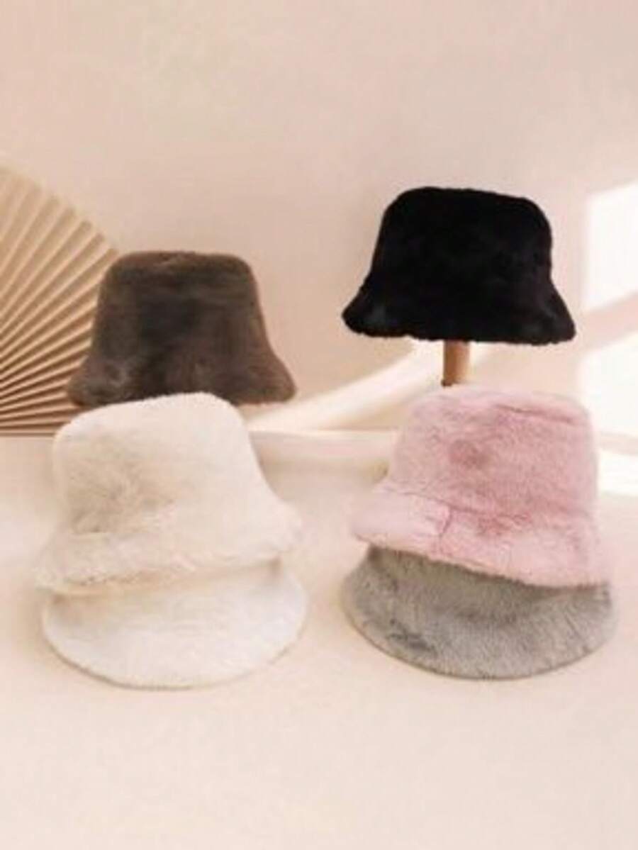 1pc Unisex Solid Color Plush Minimalist Wide Brim Bucket Hat, Warm & Fashionable For Autumn, Versatile For Casual Wear, Couples Shopping & Dating, Flattering Face Shape - Solid Color - View 1