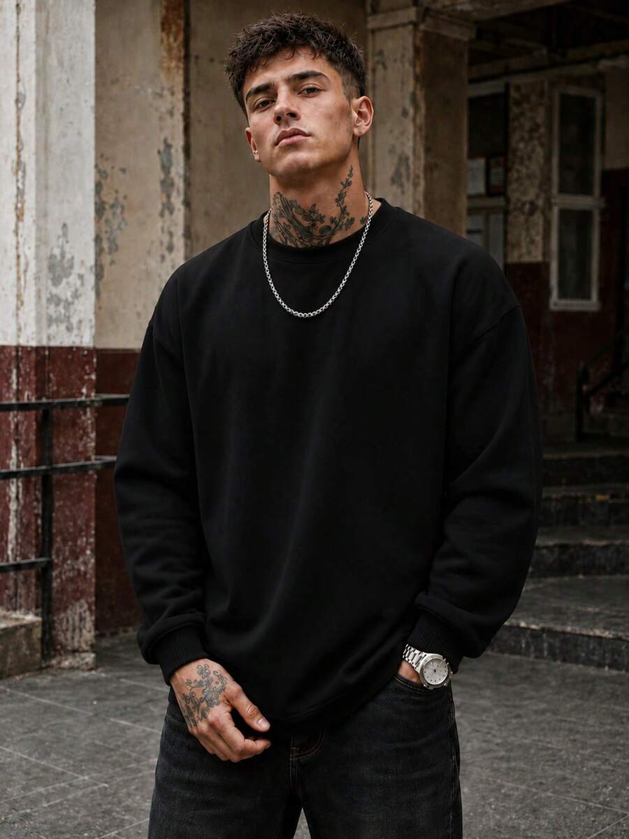 FRACTYR Men's Minimalist Solid Color Crew Neck Sweatshirt, Loose Street Casual Pullover Top For Spring And Autumn - Black - View 1