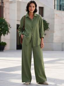 Plus Size Women's Casual Loose 2pcs Set, Long Sleeve Shirt With Drawstring Pleated Pants, Autumn/Winter Commute Daily Casual Outfit - Olive Green - View 2