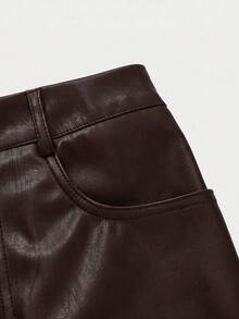 Elegant Commuter Daily Business Old Money Style Leather High Cinched Waist Bodycon Faux Leather Midi Skirt Brown - Brown - View 9