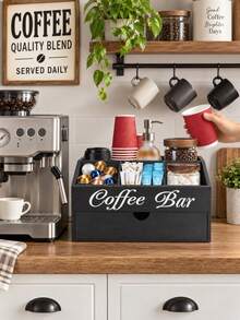 Coffee Bar Organizer Stand, Wooden Coffee Bar Accessory Organizer With Drawers, Coffee Station Organizer With Coffee Pod Basket, Coffee And Tea Condiment Organizer Stand, Kitchen Countertop Organizer, Coffee Pod Holder, Tea Bag Storage, Cafe Decor - Multicolor - View 5