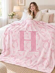 1PC Custom Sublimation Bow Initial Letter Blanket, Personalized Printed Throw Blanket With Bow & Heart Pattern, 3 Optional Sizes, Home Decor Blanket For Bedroom Sofa, Ideal Holiday Gift For Friends And Family - Multicolor - View 4