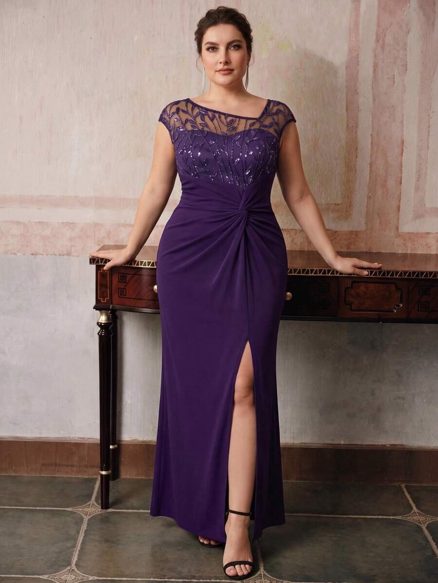 EVERPRETTY Gaun Ungu Panjang Berpayet Elegan Tanpa Badan, Cocok untuk Tamu Pernikahan - Purple - View 1