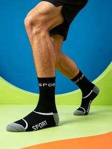 1/5/10/20 Pairs Black & White Letter Pattern, All-Season Neutral Color Men's Sports Casual Mid-Calf Socks - Multicolor - View 5