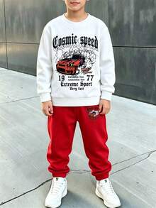 Boys' Car Pattern Warm Crew Neck Sweatshirt And Sweatpants - Red - View 1