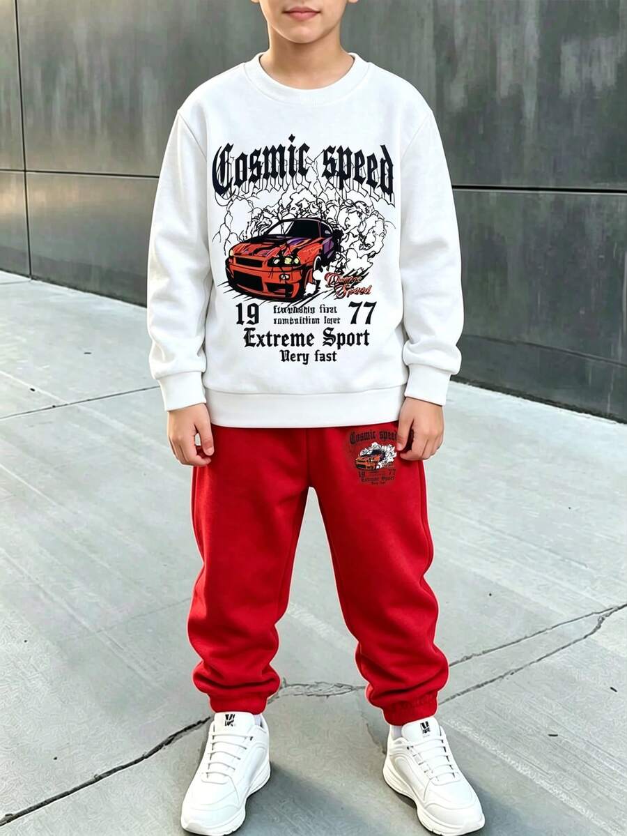 Boys' Car Pattern Warm Crew Neck Sweatshirt And Sweatpants - Red - View 1