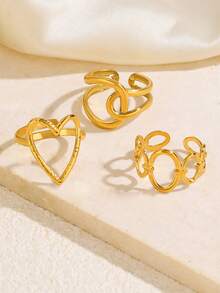 3pcs Stainless Steel Gold Fashion Elegant Minimalist Casual Geometric Oval Heart Rings Set Suitable For Women Daily, Holiday, Date, Shopping Wear - Multicolor - View 4
