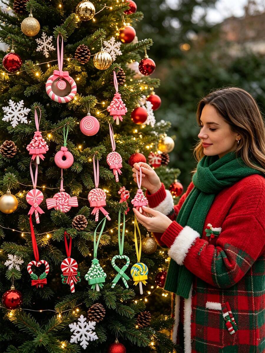 1pc Multicolor Fashionable Cute Soft Clay Heart Lollipop Christmas Tree Pendant, Suitable For Christmas Gift For Best Friends, DIY Jewelry Handmade Craft, Necklace, Earring, Keychain Making - Multicolor - View 1