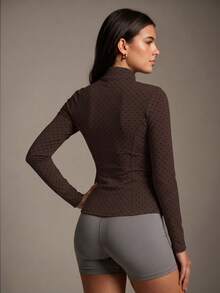 New Soyun Polka Dot Yoga Jacket, Slim Fit Streetwear Style Sports - Coffee Brown - View 2