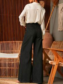 Women's Casual Daily Denim Wide Leg Pants With Pockets And Buttons - Black - View 5