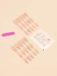 30pieces Press On Nails. Long Almond Shape. Solid Nude Color With Silver Rhinestone Dangle Decorations. Includes Jelly Glue And Nail File. Fall Nails. Essential Autumn Nail Supplies - Multicolor - View 2