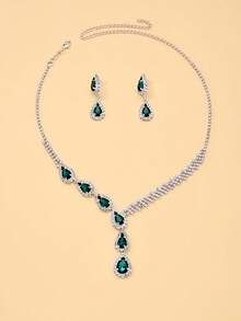 outingfit 1 Set Emerald Green Water Drop Jewelry 2 Pieces Set Gift Accessories Fashion Multi-Color Full Rhinestone Earrings & Necklace Set - Silver - View 4