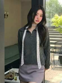 Soft Knit Collared Sweater, Loose Fit Pullover With Ribbed Hem And Long Sleeves, Dark Grey Casual Winter Outfits Staple For Everyday Wear - Dark Grey - View 4