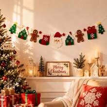 Santa Claus Gingerbread Man Christmas Tree Hanging Bunting, Christmas Party Decoration Flags, Christmas Themed Pattern Design, Perfect For Party Setup, Wall Hanging, Window Decoration, Creating Holiday Atmosphere, Essential Christmas Decor - Multicolor - View 7