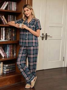 Women's Plaid Print Contrast Trim Notch Collar Short Sleeve Button Front Top + Straight Leg Pants 2-Piece Pajama Set - Multicolor - View 2