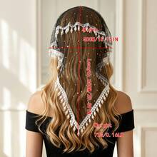 1Pc Black Star‑Moon Glitter Mesh Hooded Veil, Triangle Lace Edge With Teardrop Pearl Tassel Pendant,Gothic Headpiece For Halloween Party - Multicolor - View 9