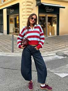 ZAHM Women's Loose Cropped Color Block Long-Sleeve Knit Top With Red, White And Blue Striped Polo Collar - Multicolor - View 2