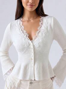 Women's Autumn/Winter Lace Trim Ruffle Hem Ribbed Knit Cardigan, Casual Daily Long Sleeve Vacation Outfit, Elegant Slim Fit Top - White - View 3