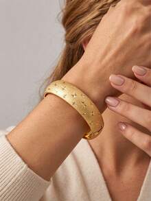 Camhanno Gold Matte Star Engraved Open Wide Cuff Bracelet, Stainless Steel Stackable Vintage Luxury Jewelry Gift For Women - Multicolor - View 4