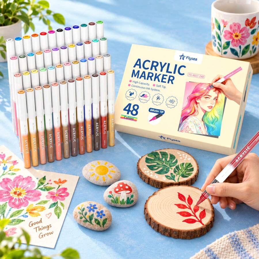 Flysea New Colorful Series 16/24/36/48pcs/Box, Vibrant Macaron Dopamine Gray, Blue, Green, Brown And Other Professional Acrylic Marker Pens For Painting, New Free Ink System, Multiple Color Combinations Available, Newly Launched, Better Quality, Smoother Writing Experience, Designed For Professional Artists