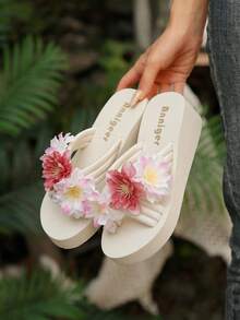 Spring Summer Cross Strap Floral Decor Fairy Style Thick Sole Slippers For Women, Outdoor Beach Vacation EVA Wedge Heel Platform Sandals For Ladies - Beige - View 3