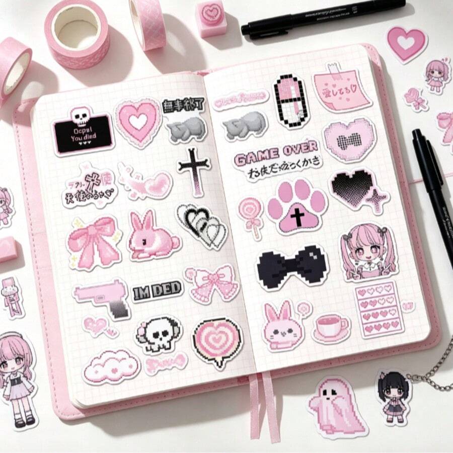 Y2K Anime Girl Pixel Stickers, Cute Dark Style Water Bottle And Notebook Stickers 50pcs/Set - Multicolor - View 1