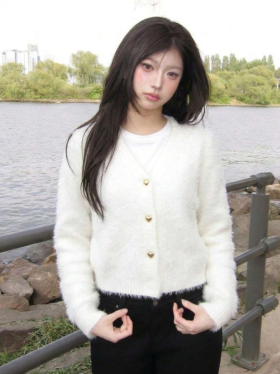 Soft Plush Heart Button V-Neck Knit Cardigan Short Faux Mink Fur Slimming Long Sleeve Sweater Jacket - White - View 1