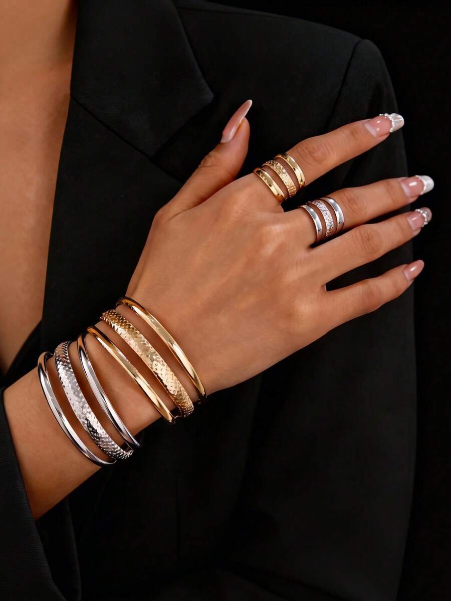 2pcs Old Money Style Gold Textured Multi-Layer Design Bracelet & Ring Set, Elegant Jewelry Set For Women, Suitable For Daily Wear, Dating, Party, Music Festival - Multicolor - View 1