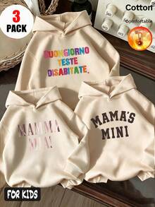 Autumn/Winter 3 Pieces Set Girls Thermal Lined Hooded Sweatshirt, "MAMA'S MINI" Print, Long Sleeve Warm Y2K Style - Apricot + Apricot + Apricot - View 2