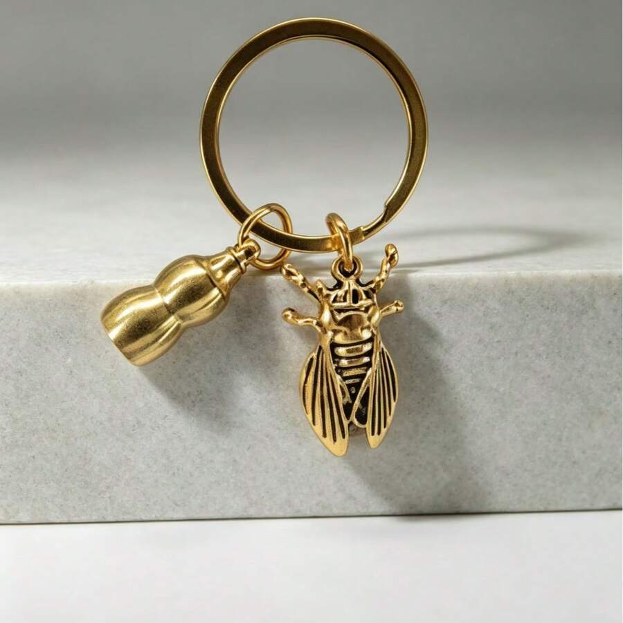 1pc Golden Cicada Gourd Keychain, Yiming Jingren Cicada Pendant, Bag And Car Charm - Gold - View 1