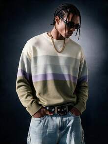 SU ER 1pc Men's Autumn/Winter Casual Striped Knit Sweater - Olive Green - View 2