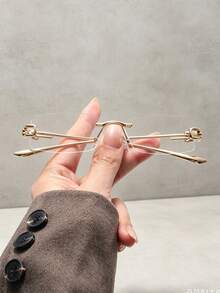 1pc Light Mature Sexy Style Gold Rimless Non-Prescription Glasses Glasses, Women's Metal Lock Design Elegant Commute Versatile No-Makeup Look Eyewear Frame, Suitable For Daily Use - Gold Frame Flat - View 3