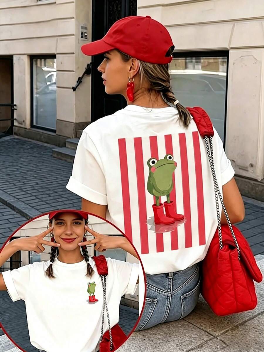 Kaos Wanita Ukuran Besar Kasual Bermotif, Pola Katak Lucu, Atasan Sehari-hari, Kaos Lengan Pendek Kerah Bulat - Putih - View 1