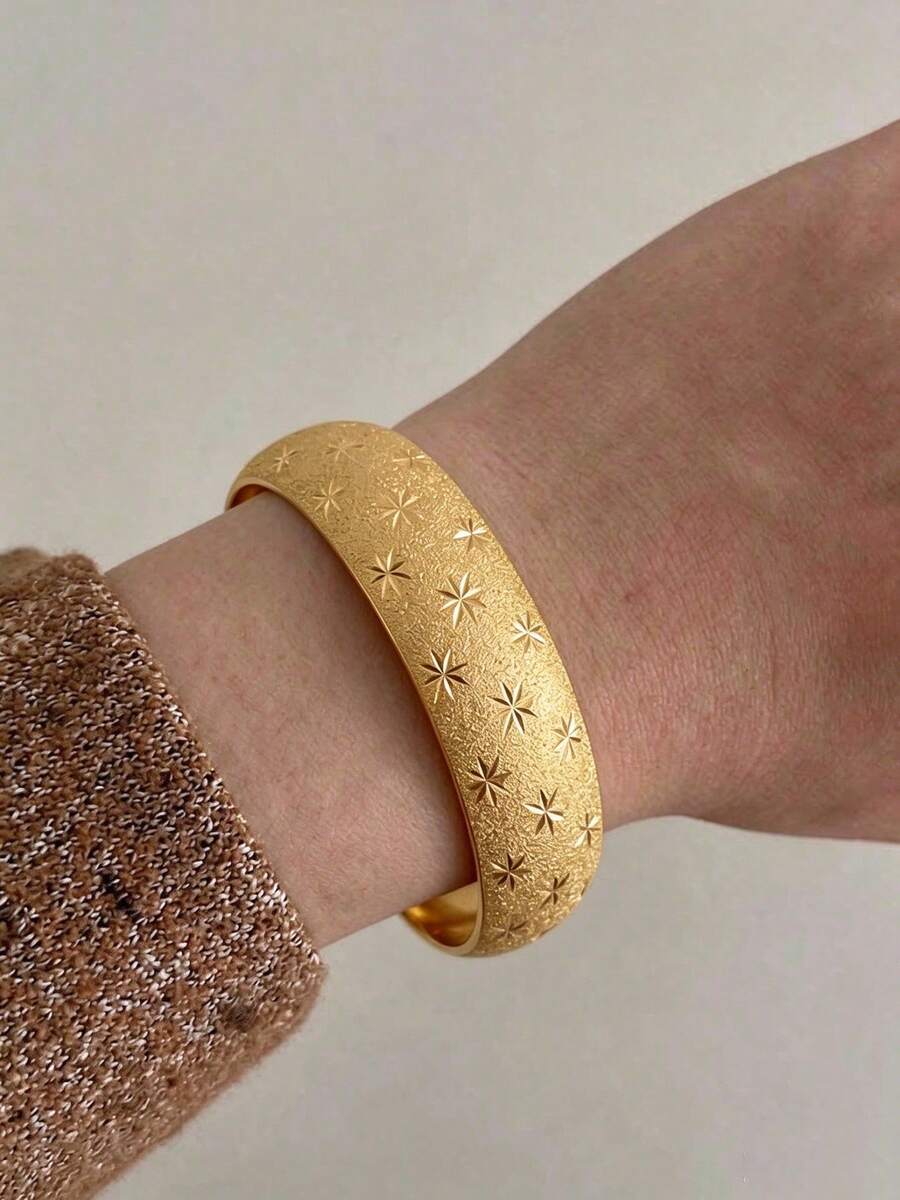 Camhanno Gold Matte Star Engraved Open Wide Cuff Bracelet, Stainless Steel Stackable Vintage Luxury Jewelry Gift For Women - Multicolor - View 1